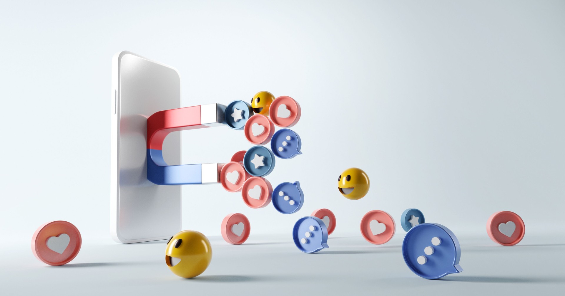 Social media marketing concept. Attracting (emoji, like, love, star, comment icon) with a huge magnet in smartphone.